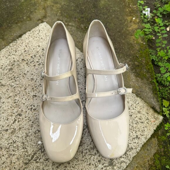 Stuart Weitzman Women's Cream Double Mary Jane Patent Leather Shoes Size 8.5 - Picture 2 of 14
